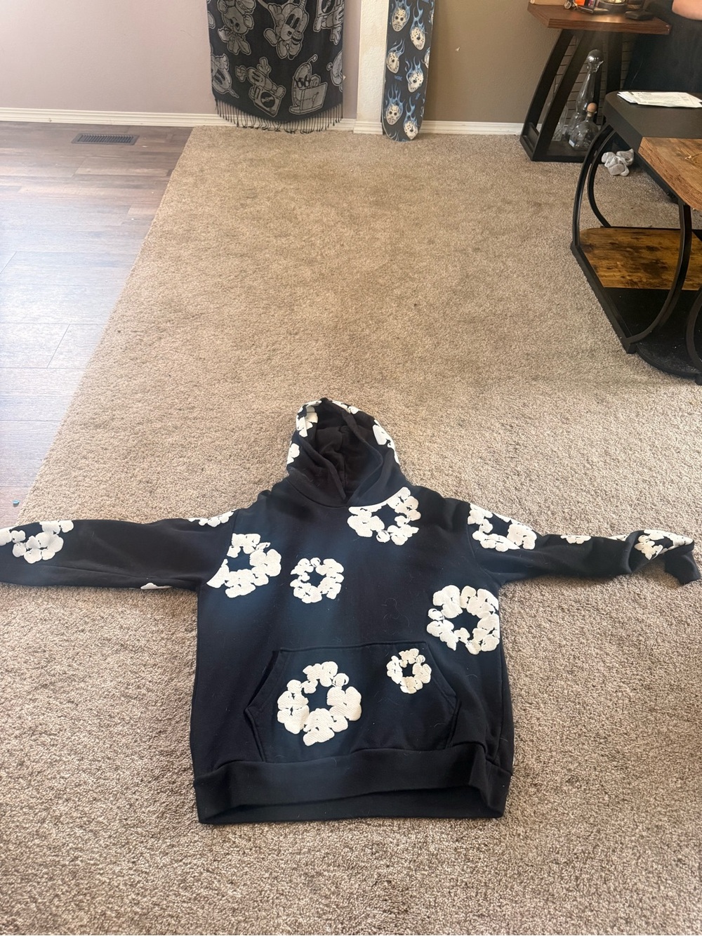 Black Hoodie Sweater with White Floral Prints
